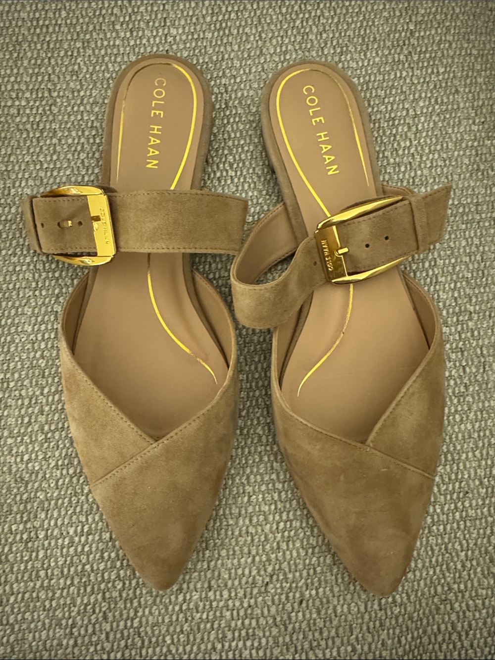 Never Worn Cole Haan Taupe Suede Pointed Toe Buckle Slide Mules